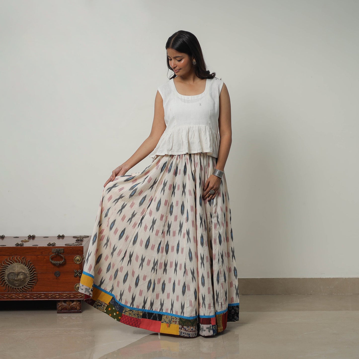White - 24 Kali Cotton Pochampally Ikat Skirt 15