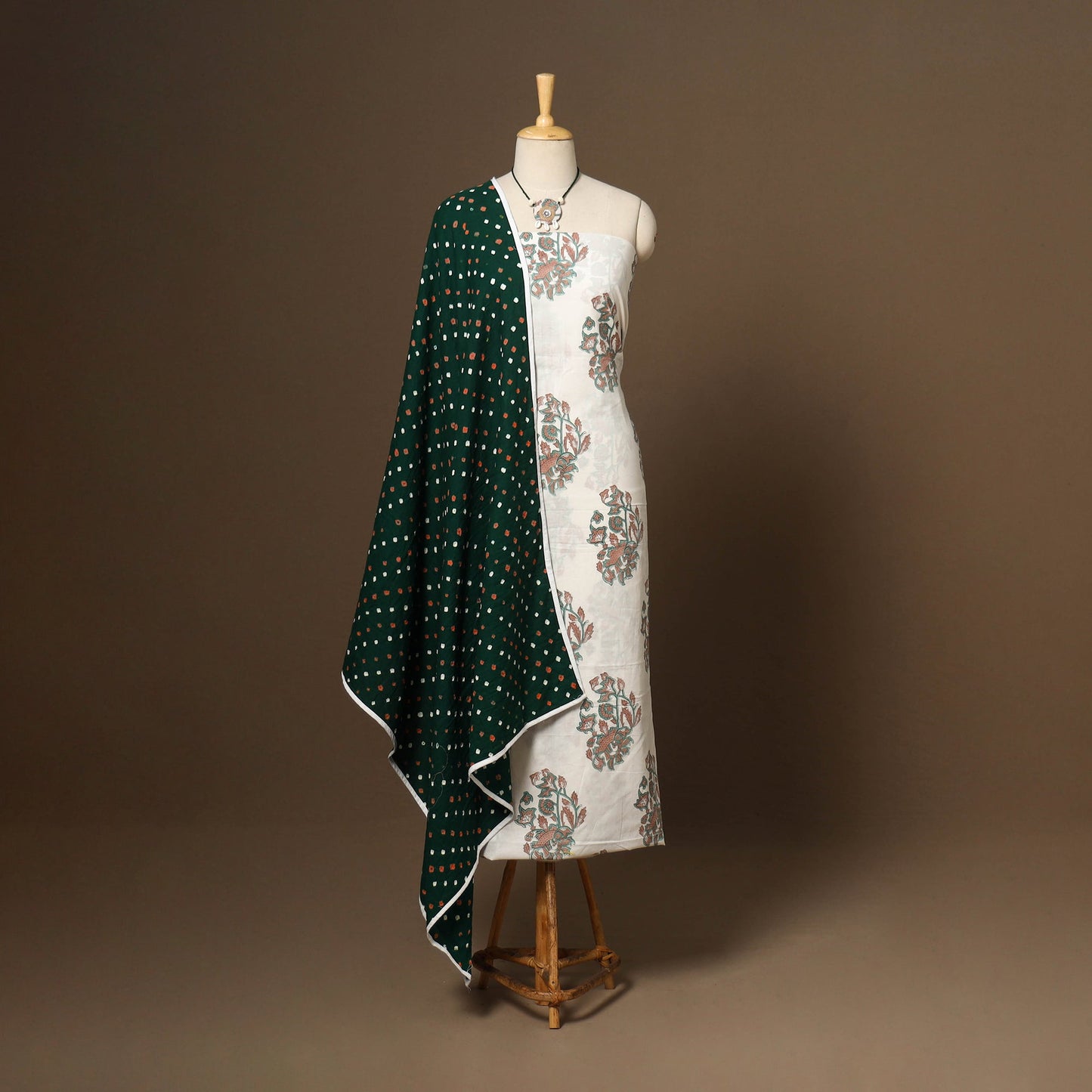 White - 2pc cotton unstitched sanganeri dress material