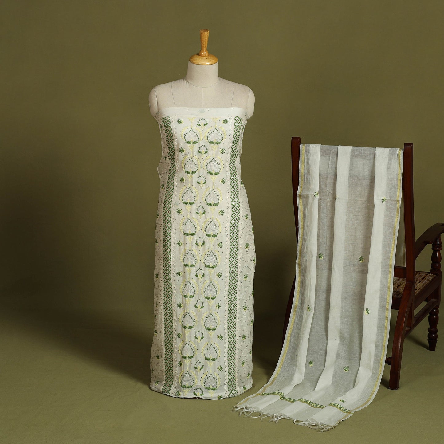 2pc White Hand Embroidery Chanderi Silk Chikankari Dress Material