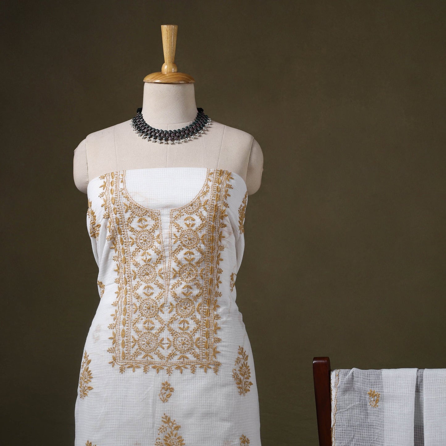 White 2pc Kota Doria Cotton Lucknow Chikankari Dress Material