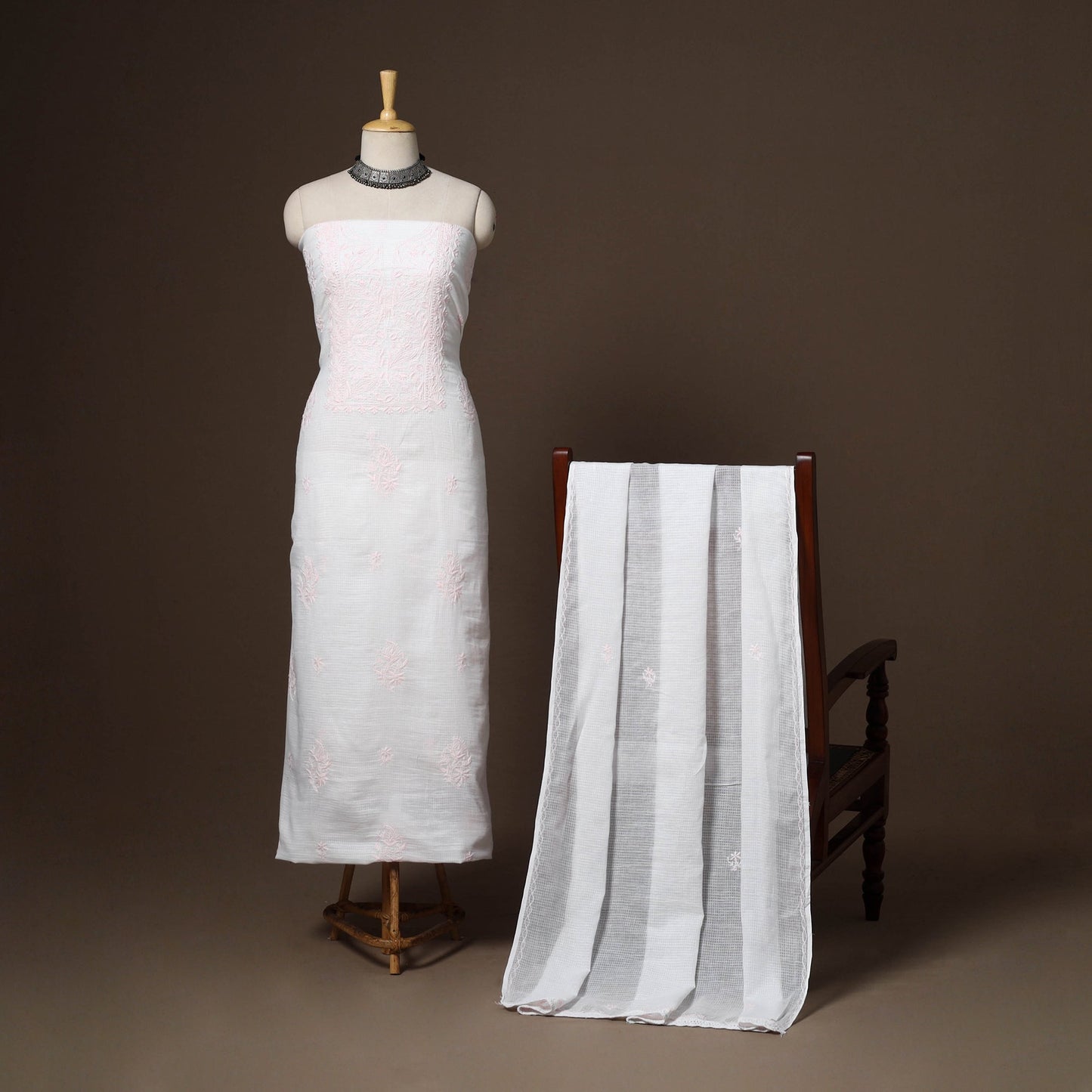 White - 2pc kota doria cotton unstitched lucknow chikankari