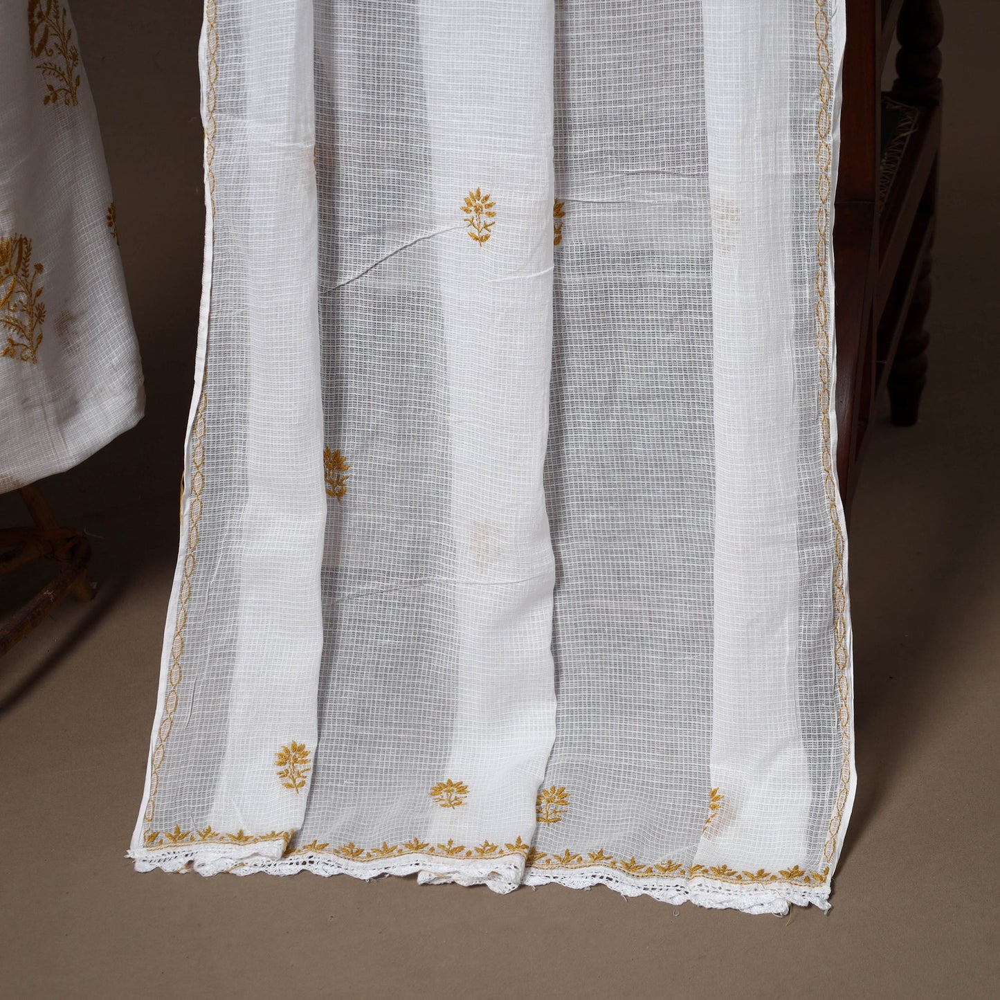 White - 2pc kota doria cotton unstitched lucknow chikankari