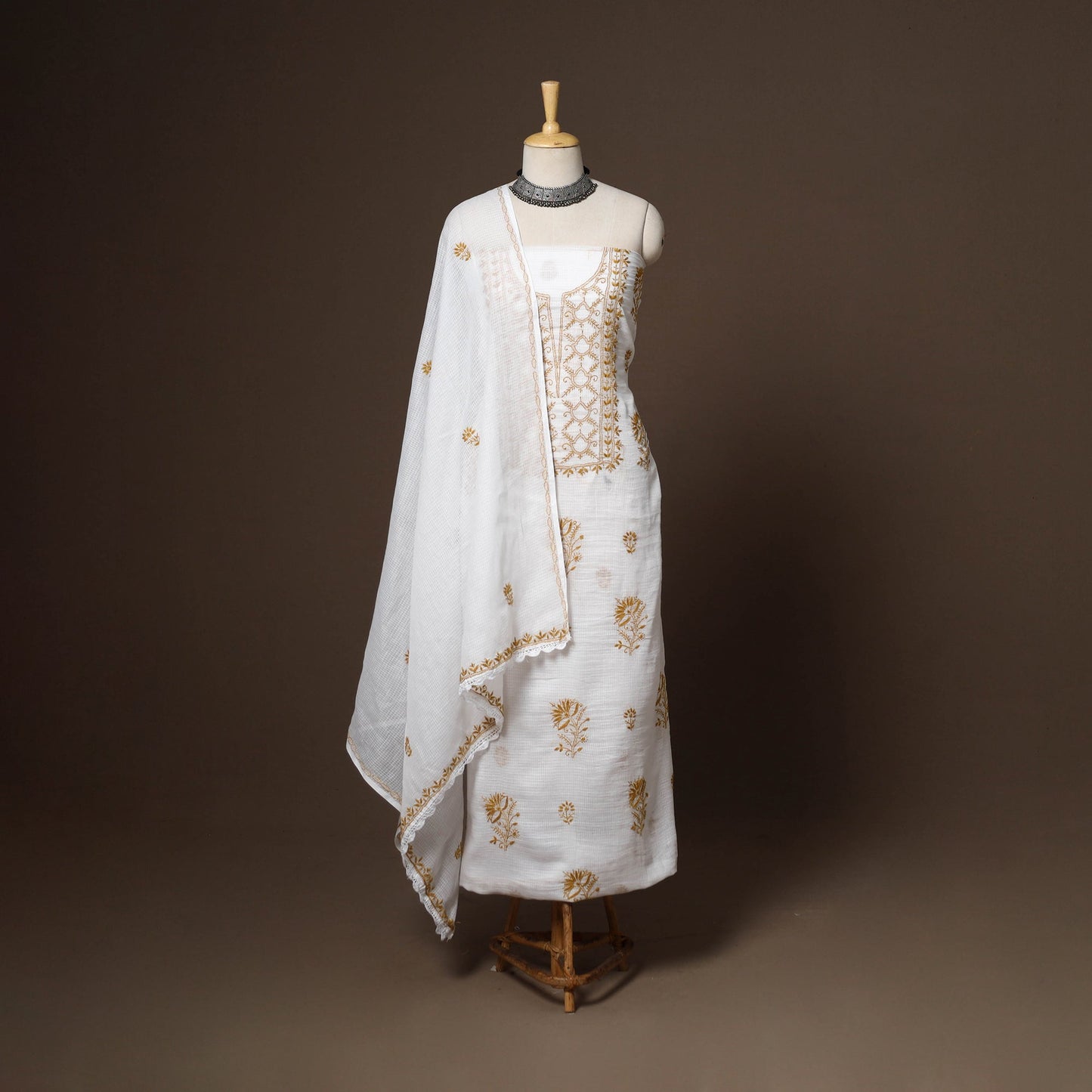 White - 2pc kota doria cotton unstitched lucknow chikankari