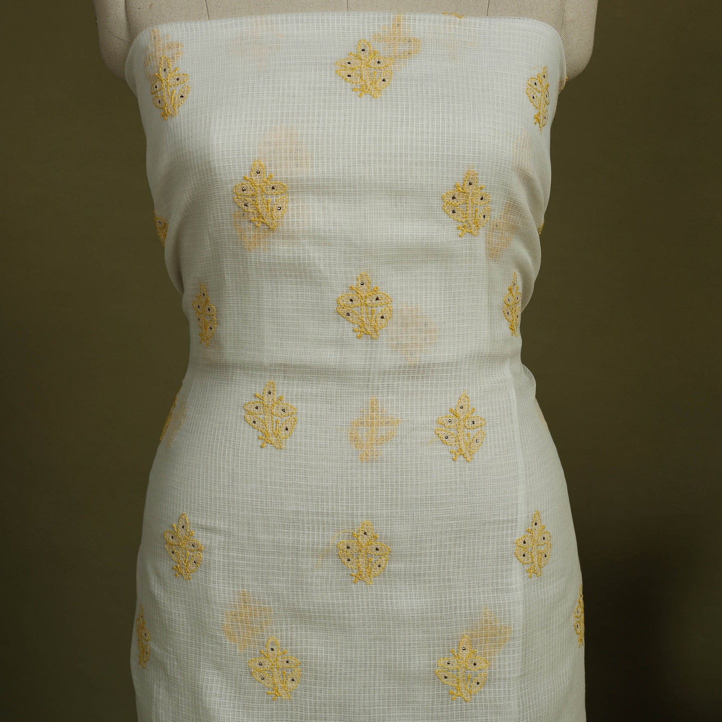 2pc White Mukaish Hand Embroidery Kota Doria Chikankari Dress Material