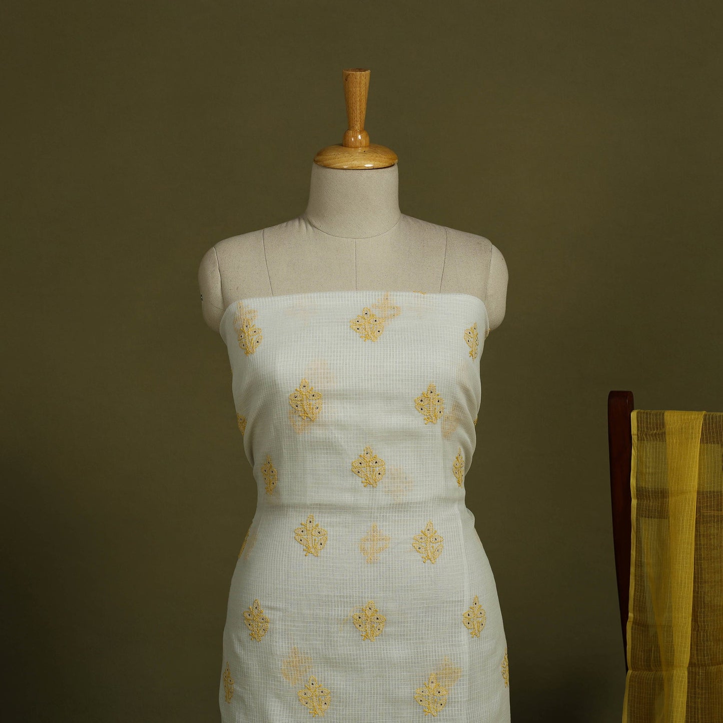 2pc White Mukaish Hand Embroidery Kota Doria Chikankari Dress Material