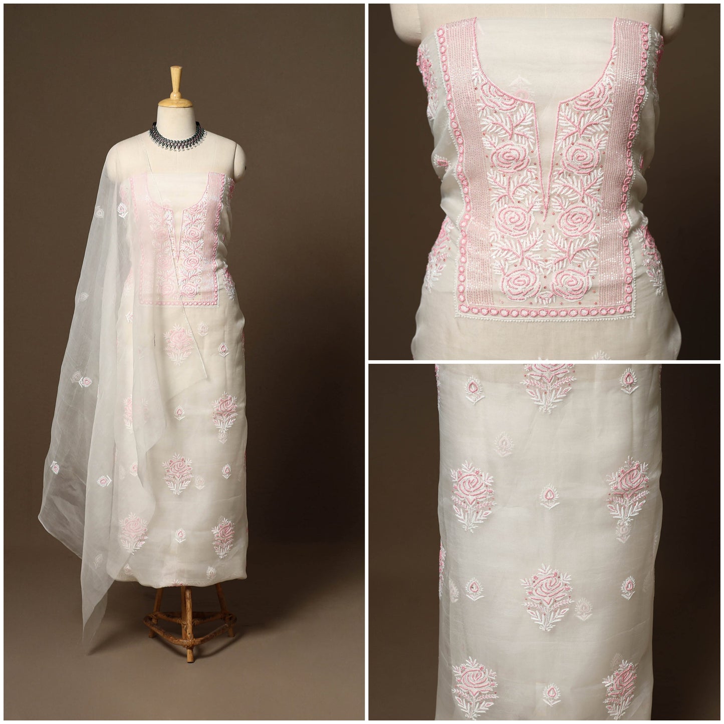 White - 2pc organza silk unstitched hand beads work heavy