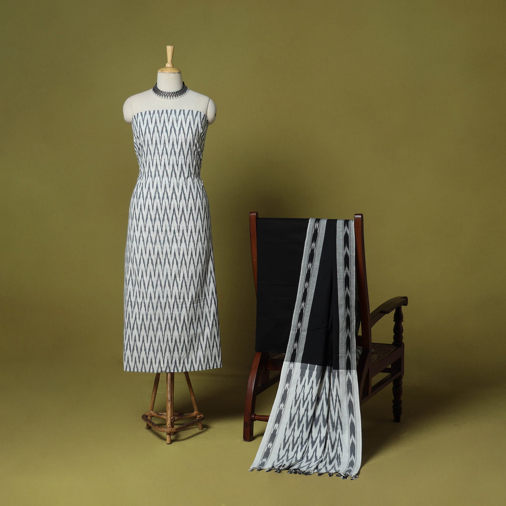 Mustard and Red Pochampally Ikkat Handloom Cotton Dress Material main image 1