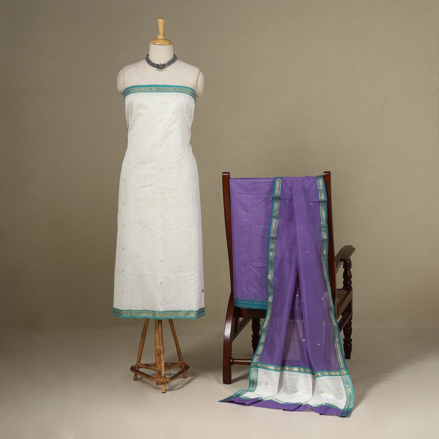 White - 3pc Handloom Nakshi Zari Unstitched Chanderi Silk Dress Material