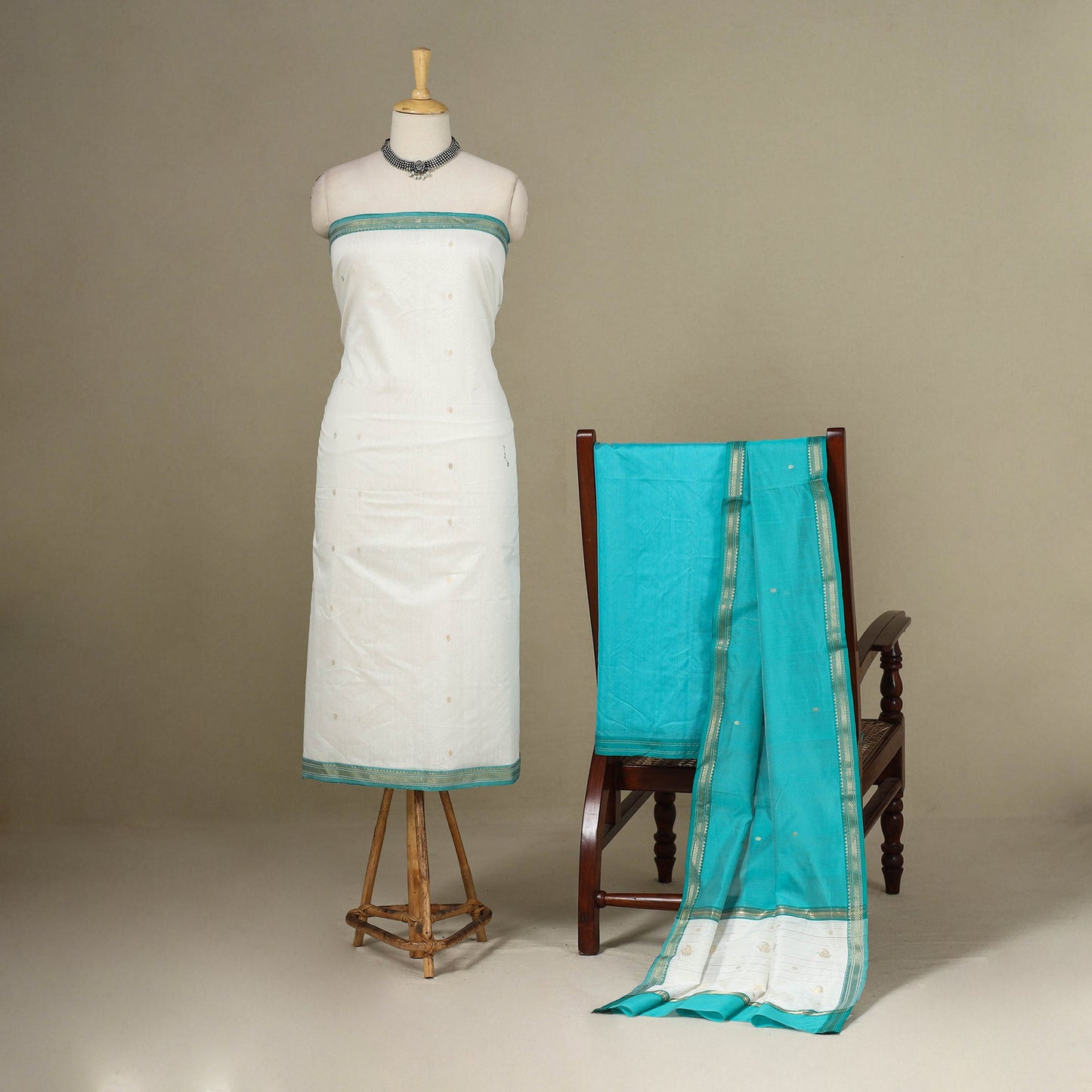 White - 3pc Handloom Zari Buti Unstitched Chanderi Silk Dress Material