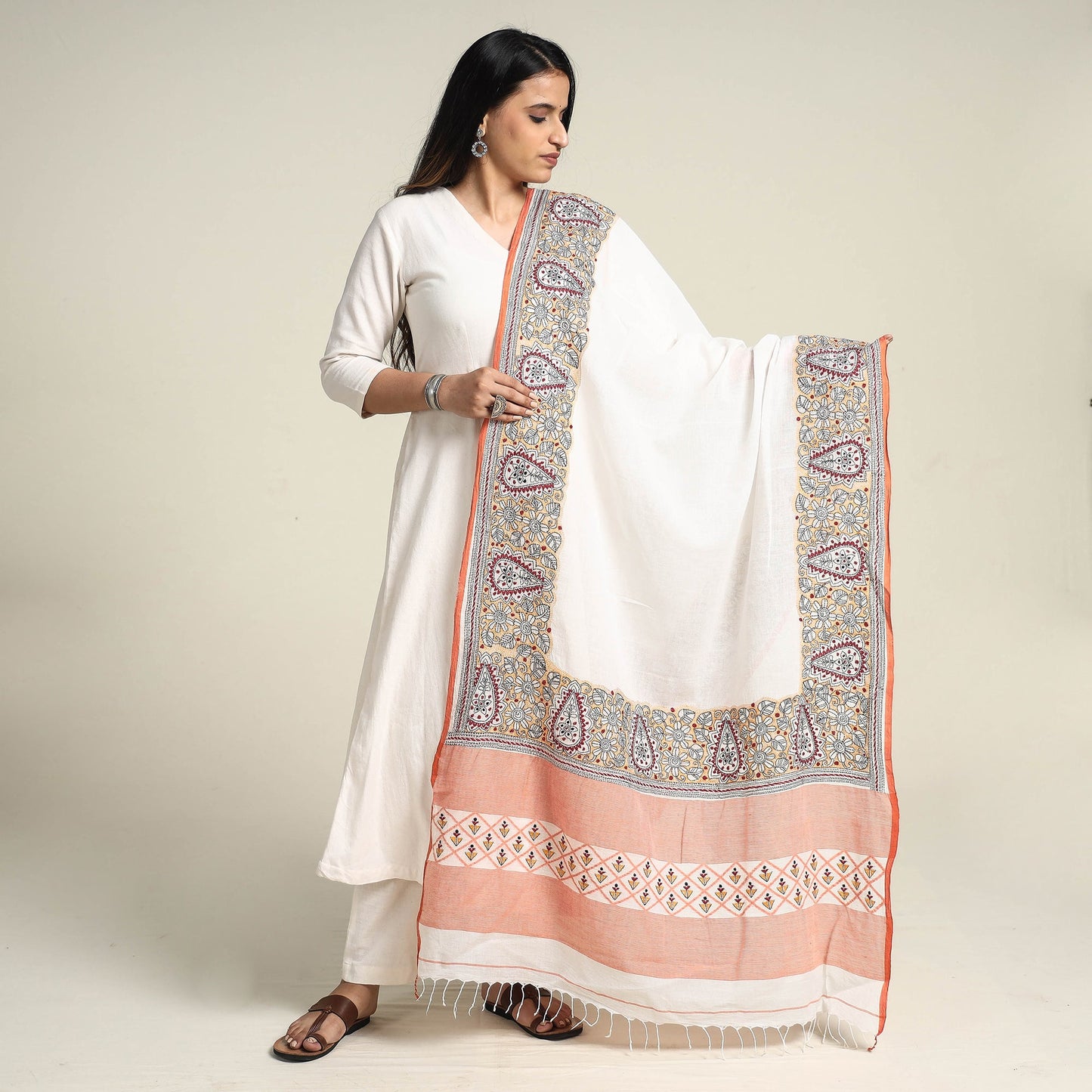 White - Bengal Kantha Embroidered Cotton Handloom Dupatta