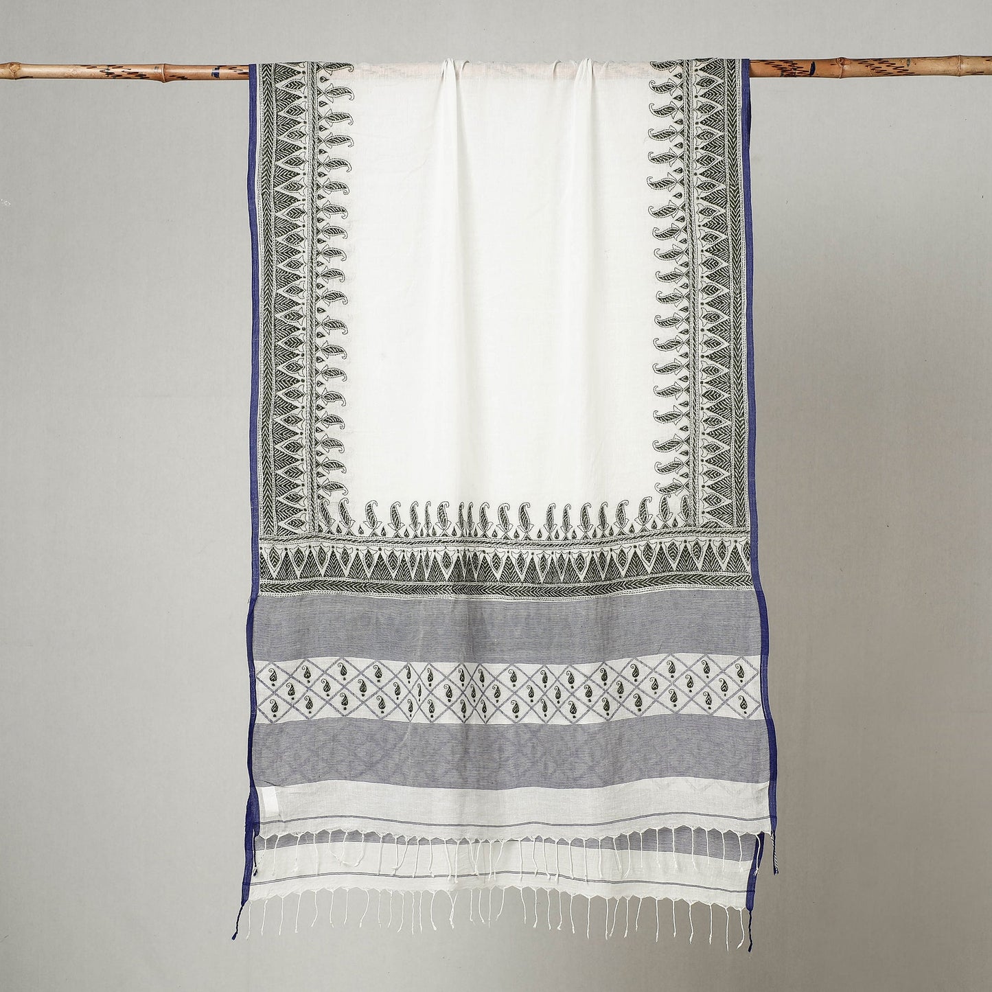 White - Bengal Kantha Embroidered Cotton Handloom Dupatta