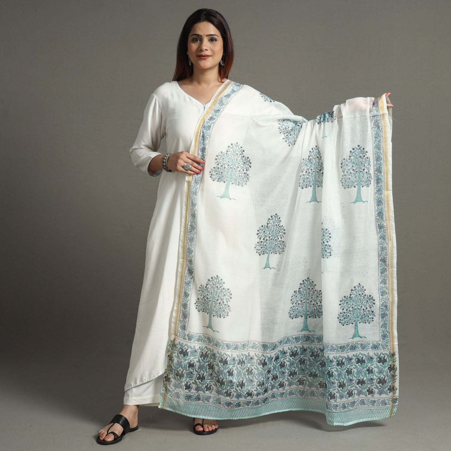 Buy Block Print Chanderi Silk Sanganeri Dupatta