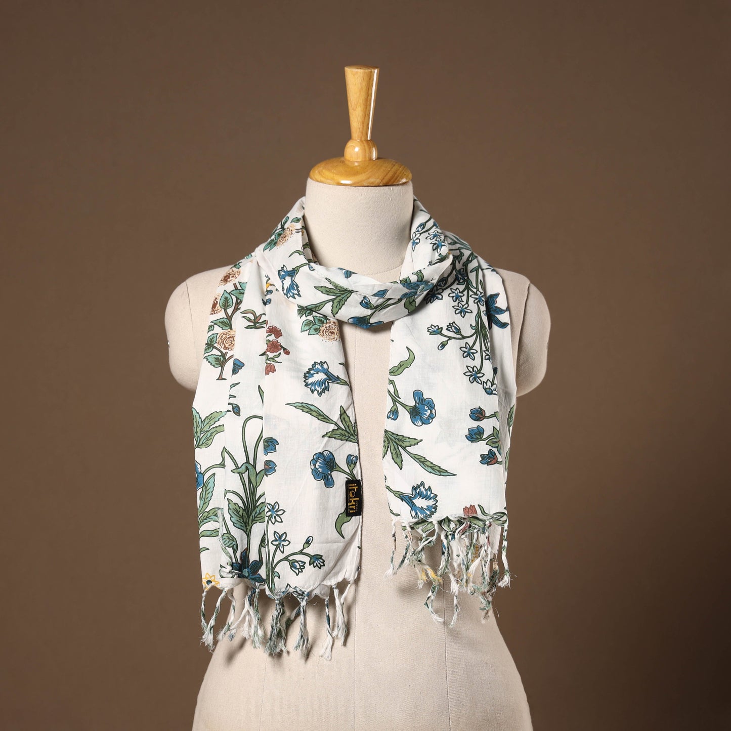 White - cotton sanganeri stole with tassels 12 - handcrafted
