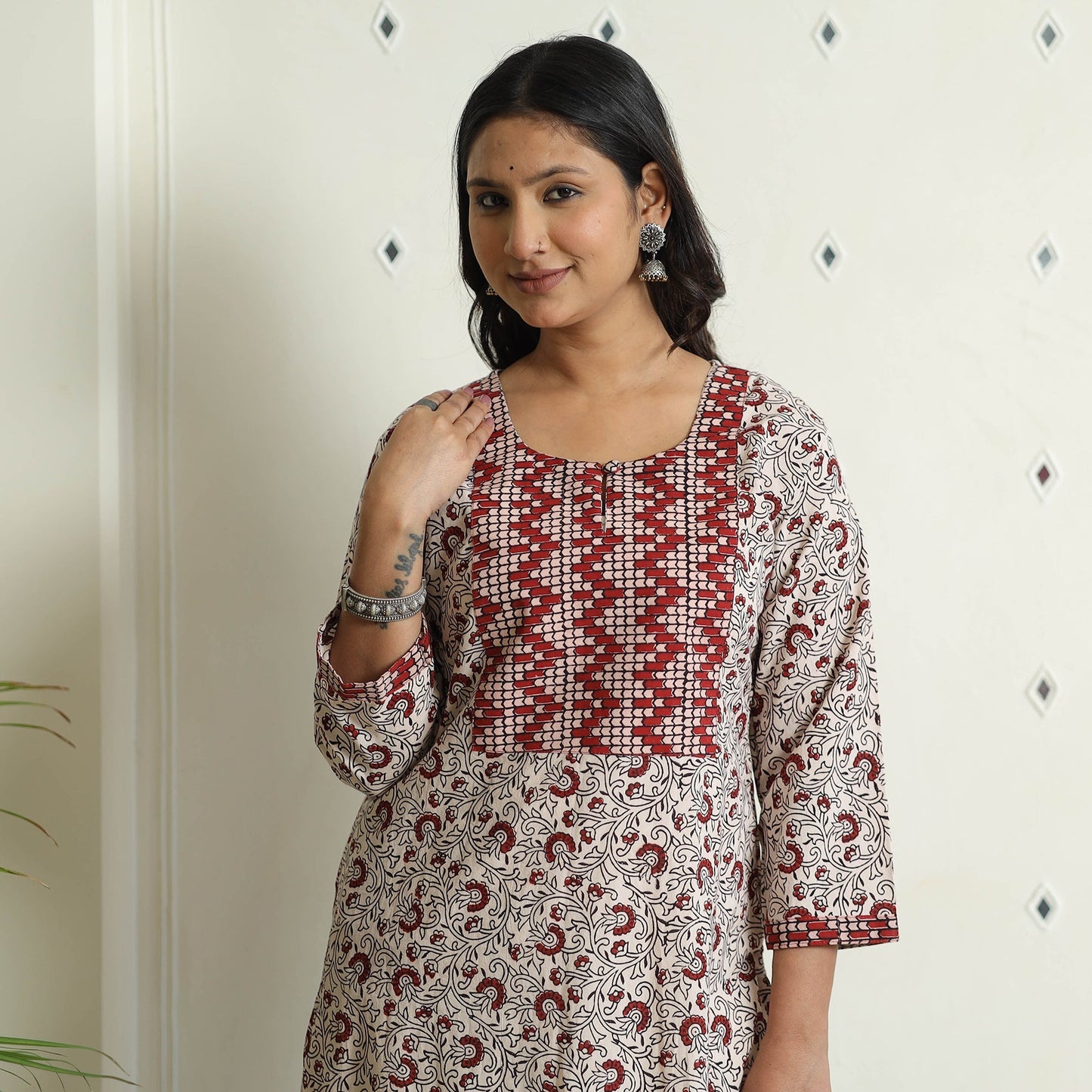 White Block Print Cotton Straight Bagh Kurta for Women