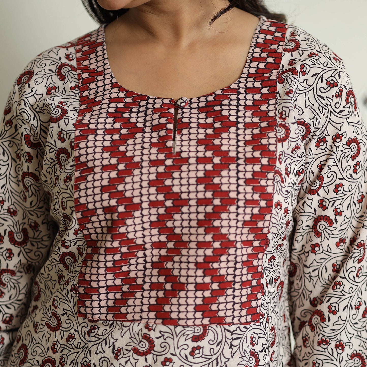 White Block Print Cotton Straight Bagh Kurta for Women