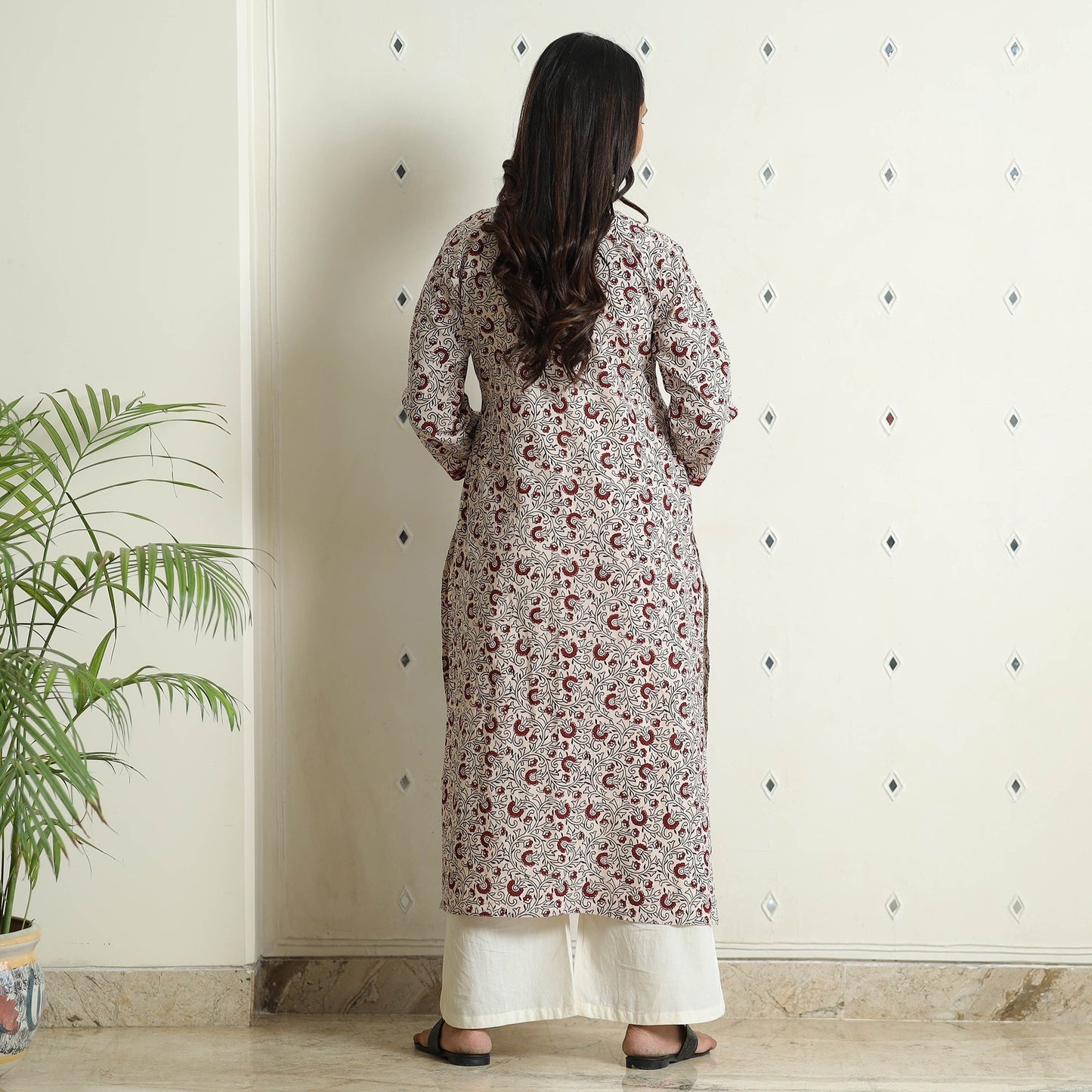 White Block Print Cotton Straight Bagh Kurta for Women