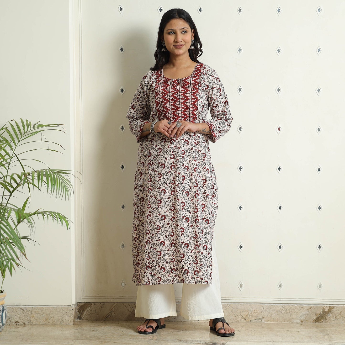 White Block Print Cotton Straight Bagh Kurta for Women