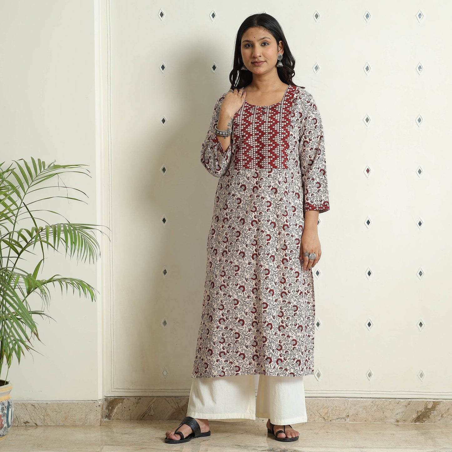 White Block Print Cotton Straight Bagh Kurta for Women