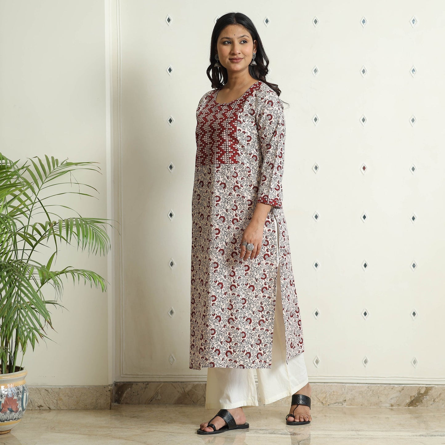 White Block Print Cotton Straight Bagh Kurta for Women