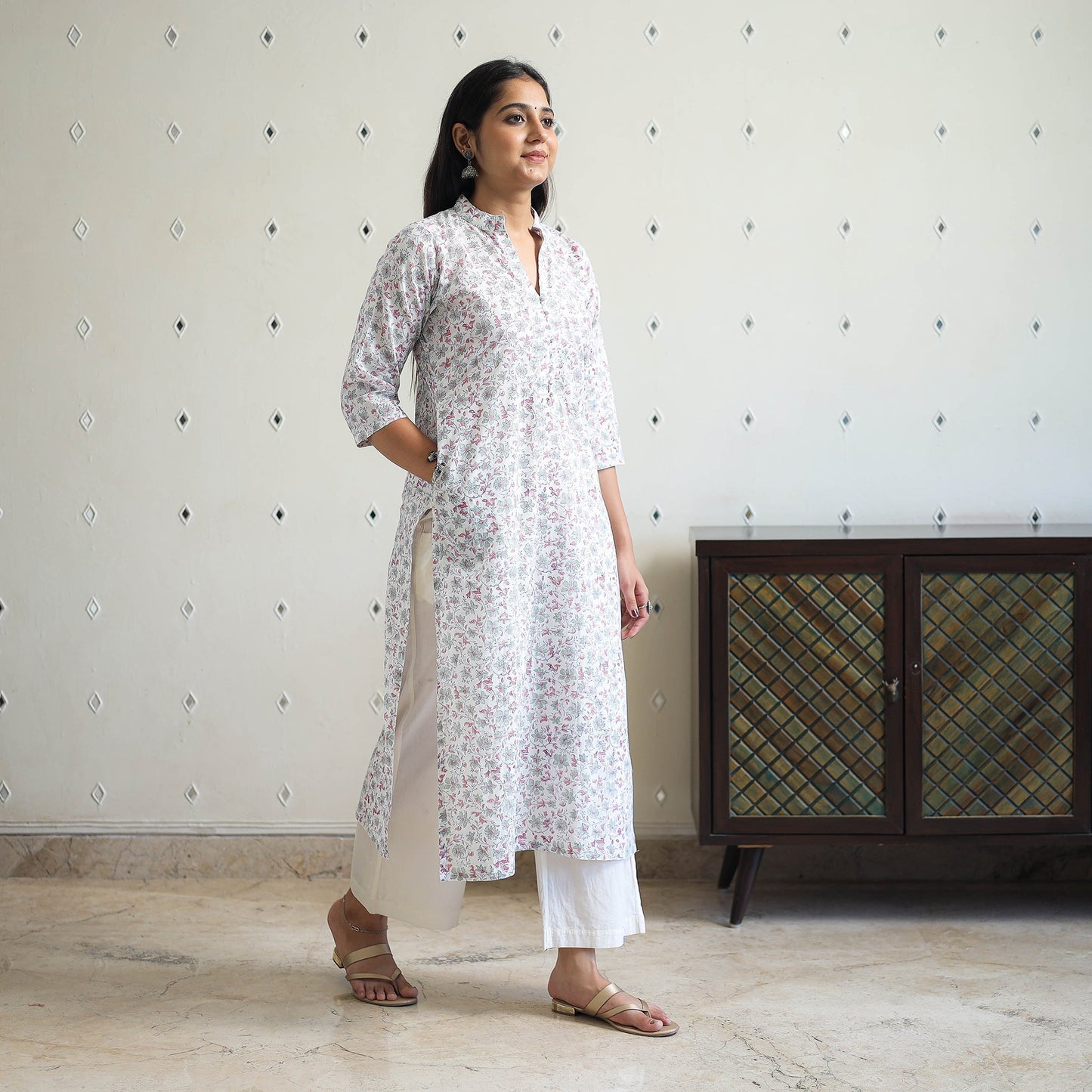 Grey - Block Print Cotton Straight Sanganeri Kurta 05