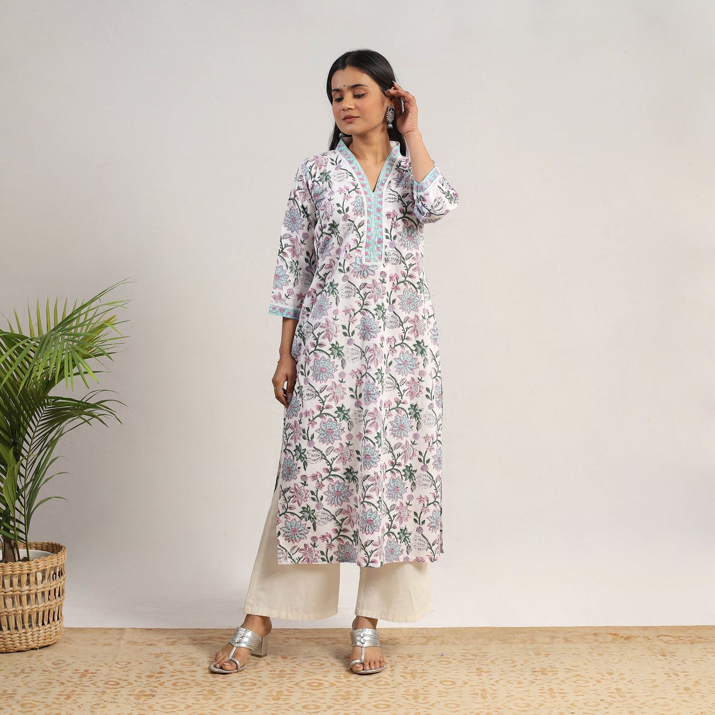 White - Block Print Cotton Straight Sanganeri Kurta 11