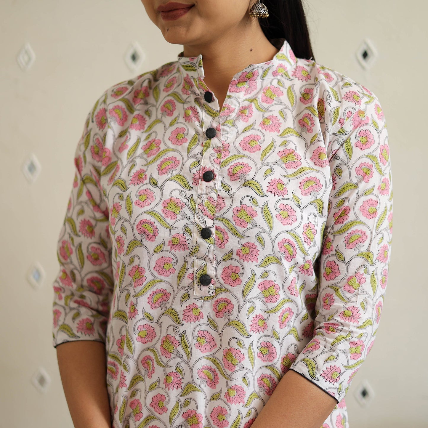 White Block Print Cotton Straight Sanganeri Kurta for Women