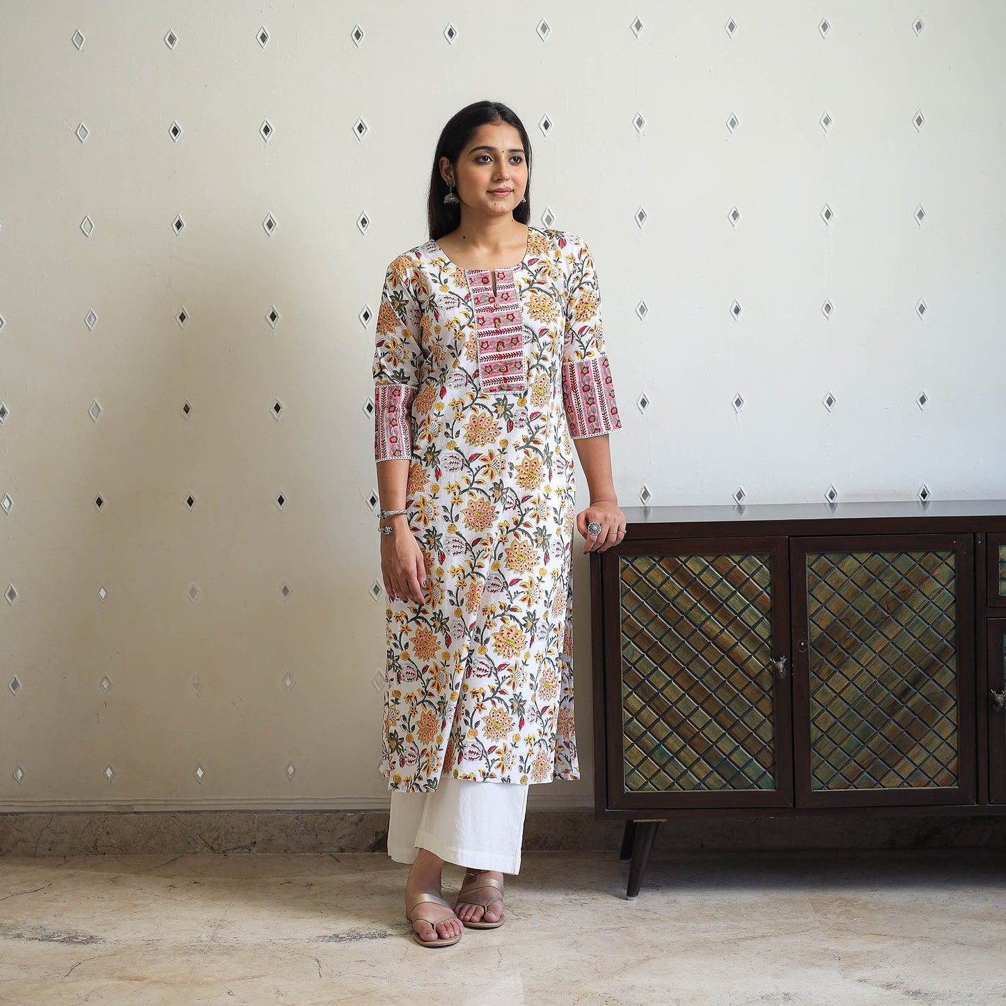 White Sanganeri Print Kurta for Women