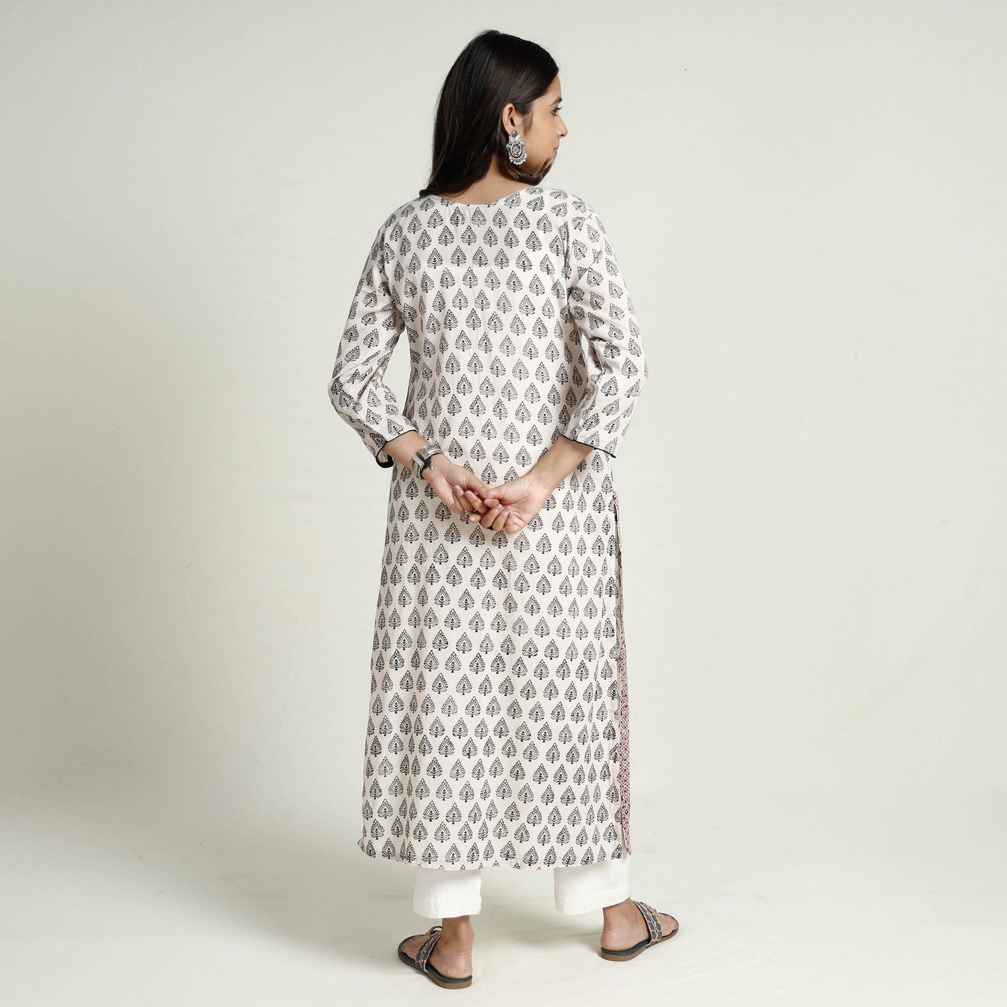White Block Print Mul Cotton Straight Bagh Kurta for Women