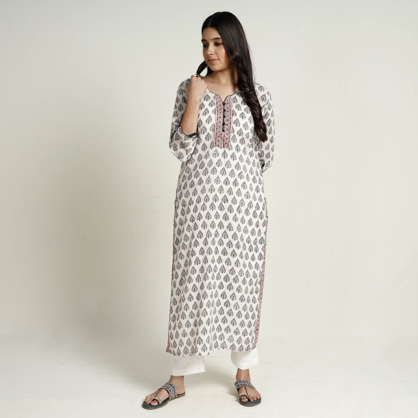 White Block Print Mul Cotton Straight Bagh Kurta for Women