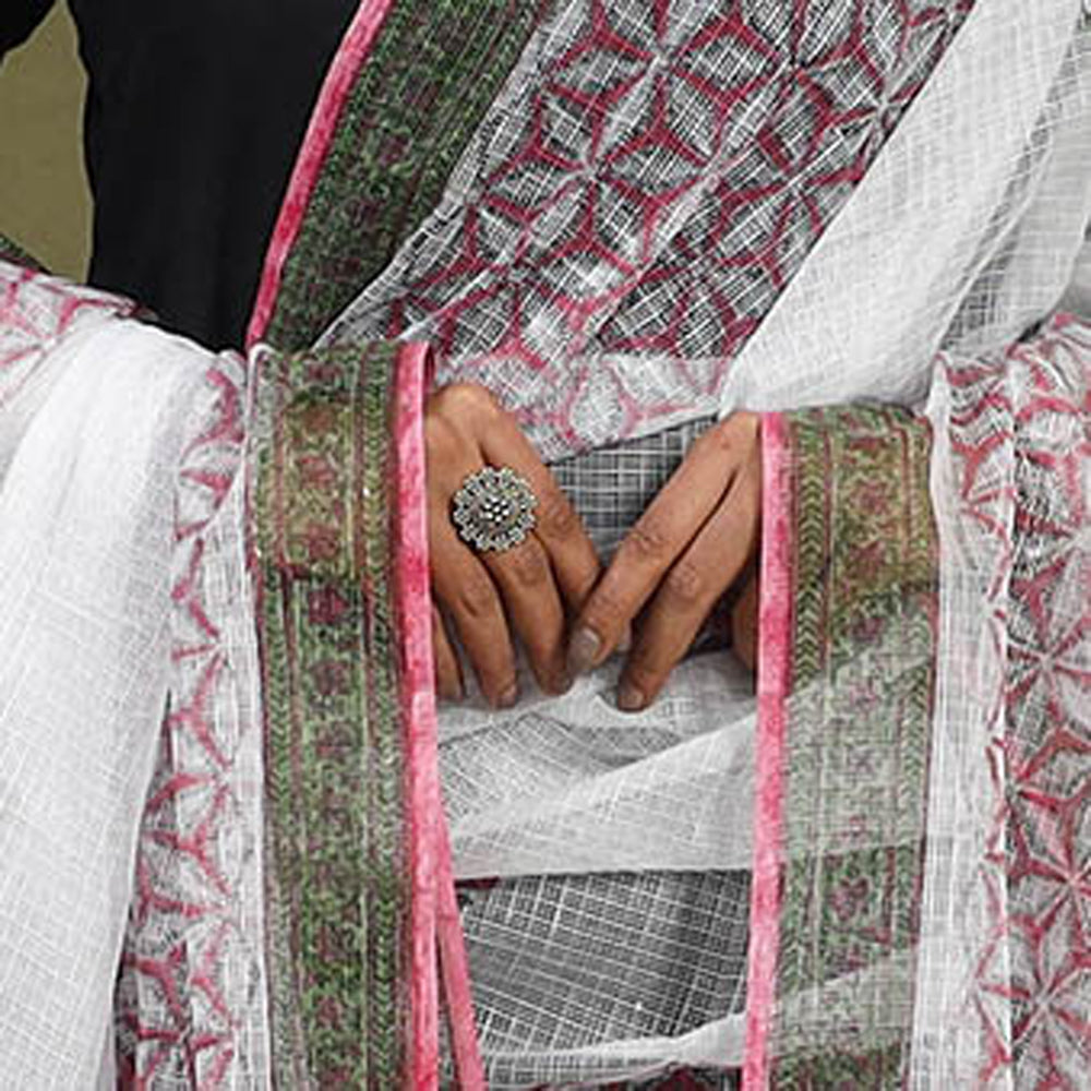 White Block Printed Kota Doria Cotton Sanganeri Dupatta