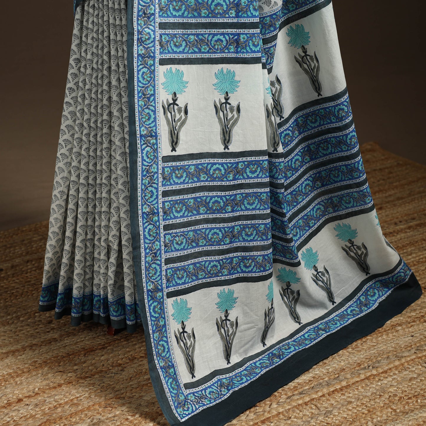 White - printed mul cotton sanganeri saree - handcrafted