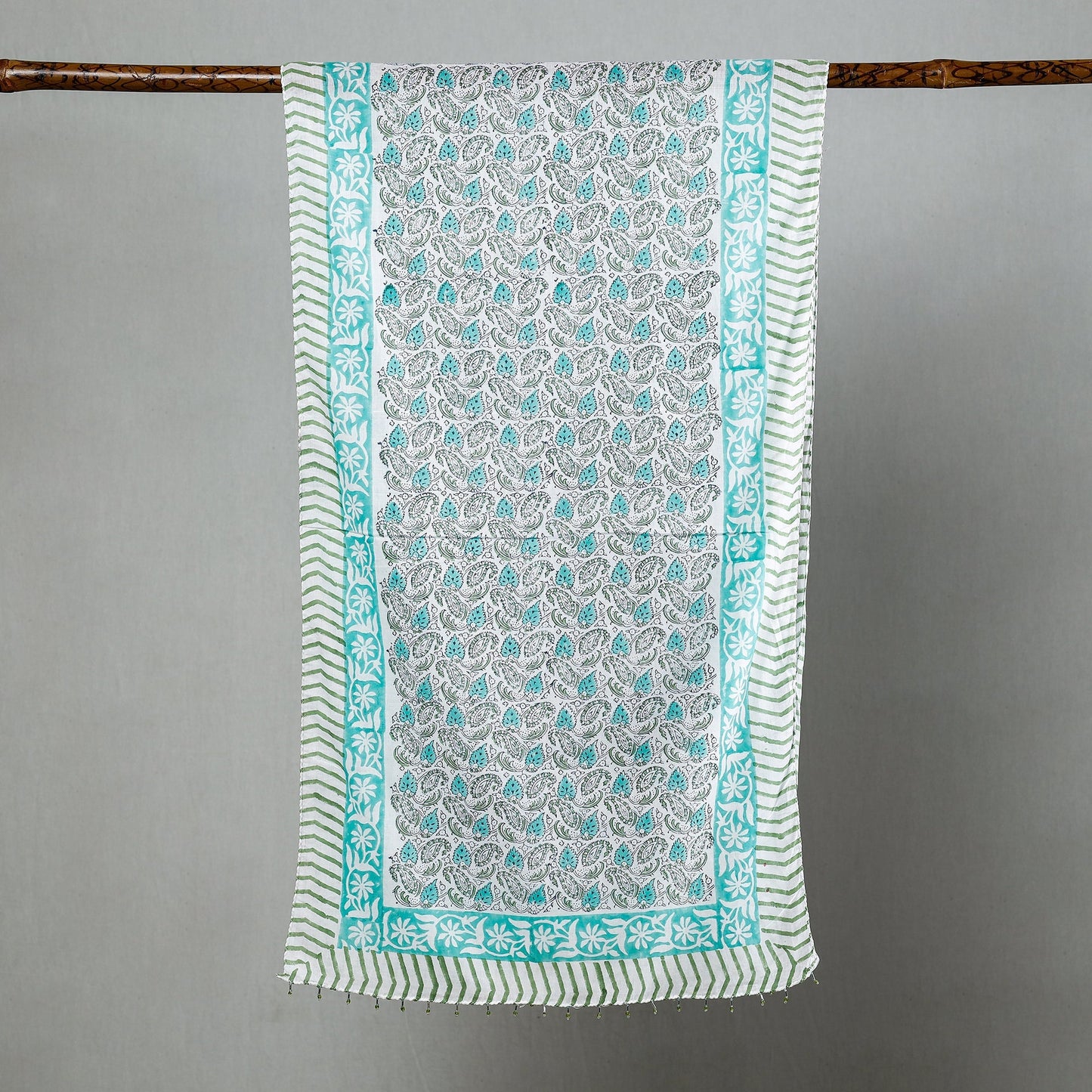 Buy White with Green Paisley Sanganeri Block Printed Cotton Stole with Beaded Border Online at iTokri.com