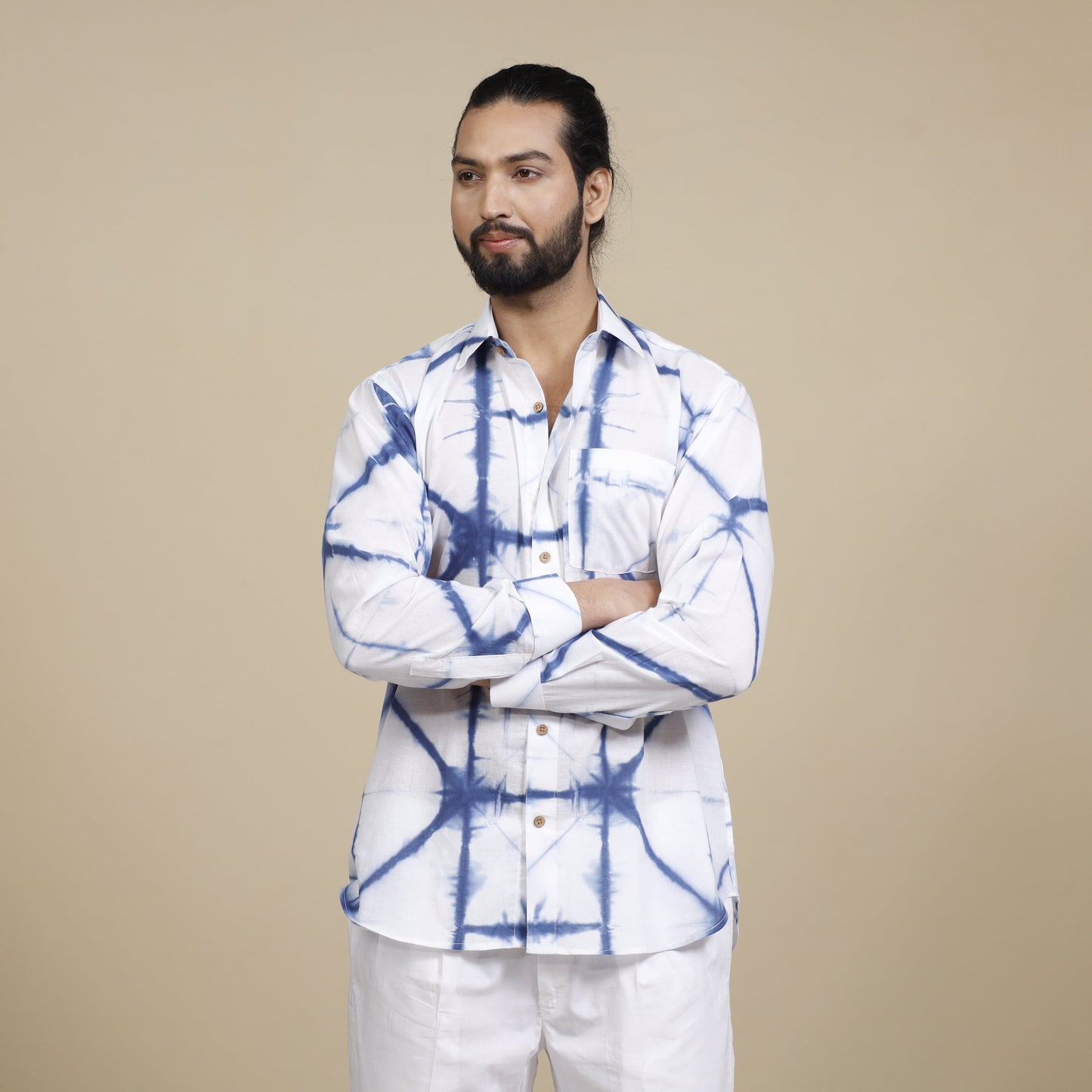 White & blue - shibori tie-dye cotton men full sleeve shirt