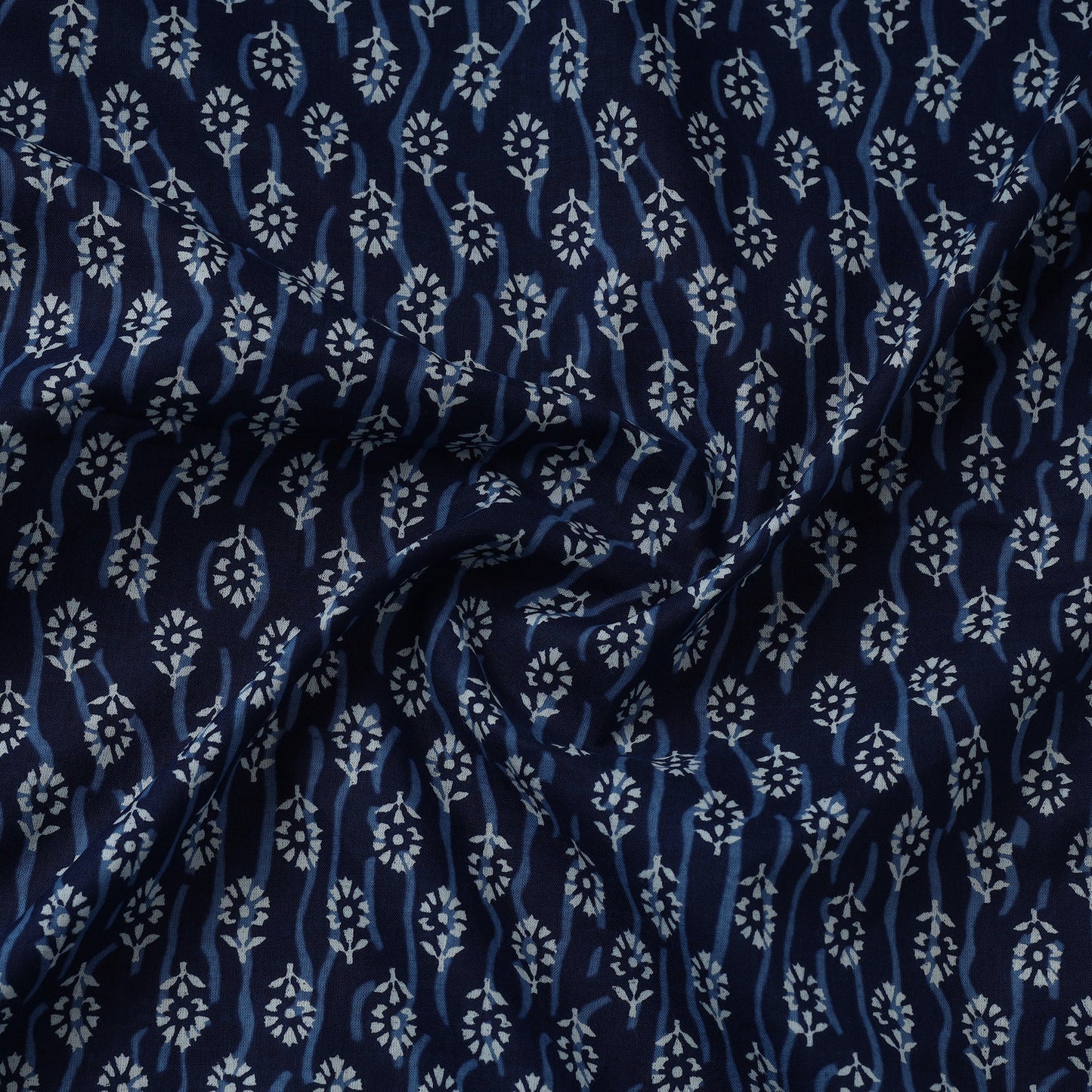 White Bootis On Navy Blue Sanganeri Printed Cotton Fabric