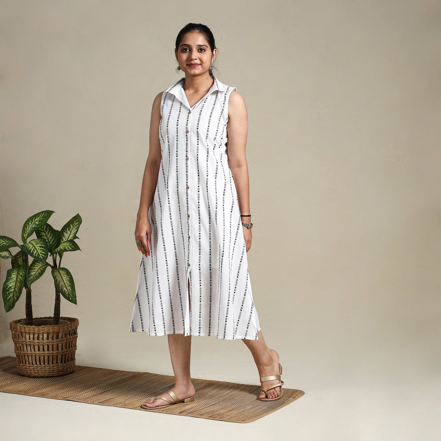 White Button Down Cotton Jacquard Dress