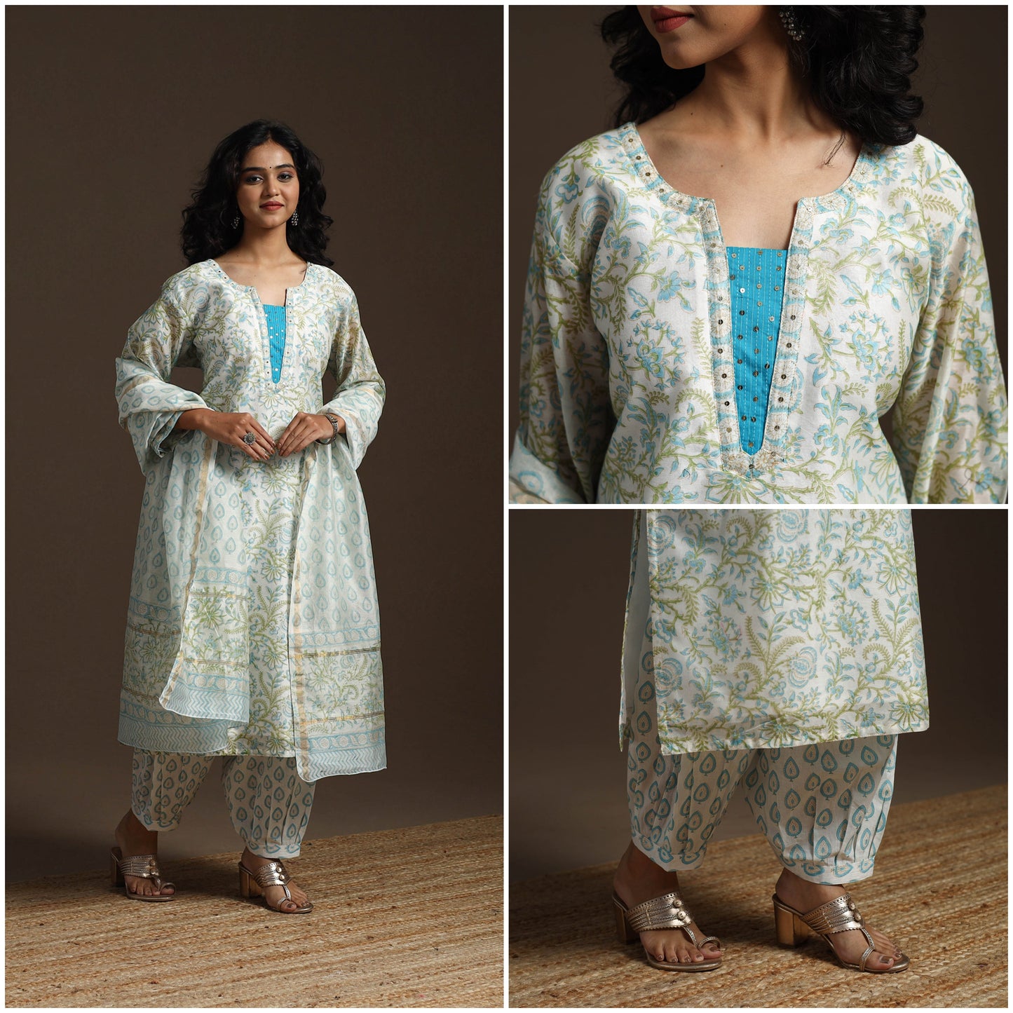 White - chanderi silk hand embroidery sanganeri suit set