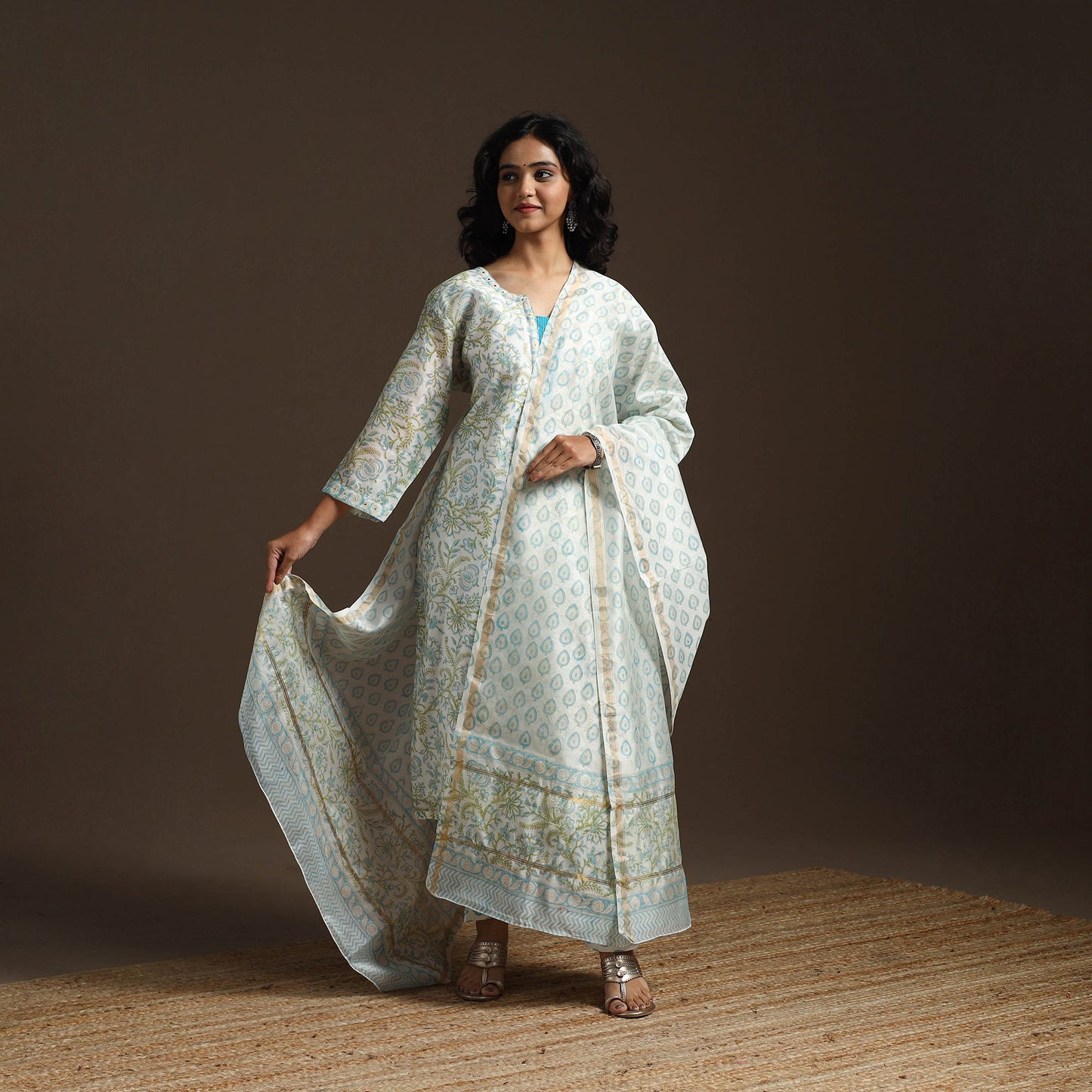 White - chanderi silk hand embroidery sanganeri suit set