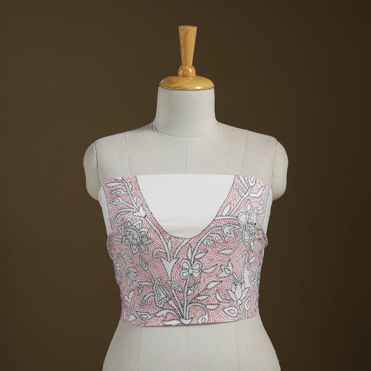 White Cotton Bengal Kantha Stitch Blouse Piece