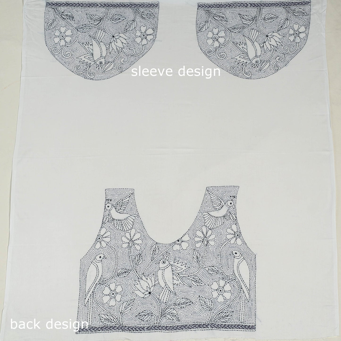 White Cotton Bengal Kantha Stitch Blouse Piece