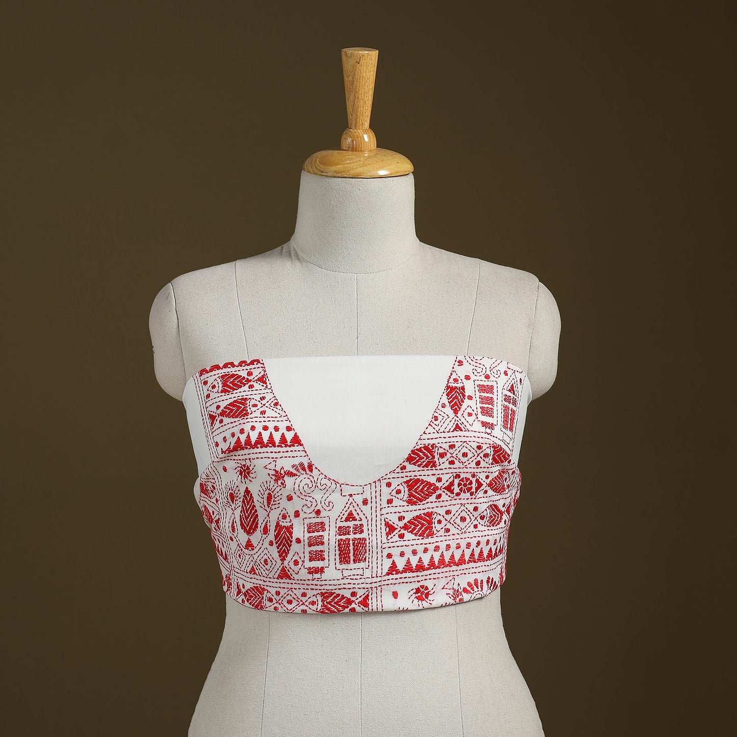 White Cotton Bengal Kantha Stitch Blouse Piece
