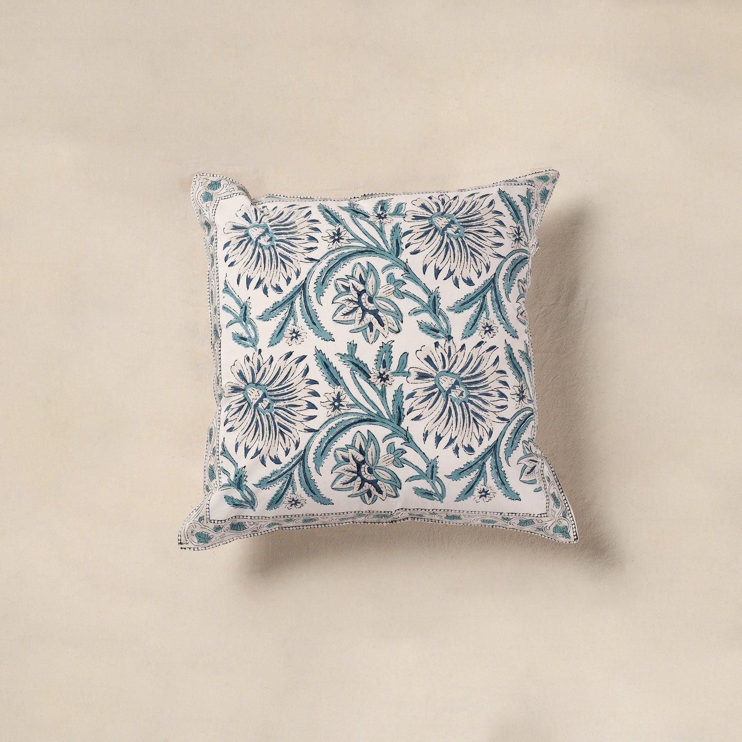 White - cotton sanganeri floral cushion cover (16 x 16 in)