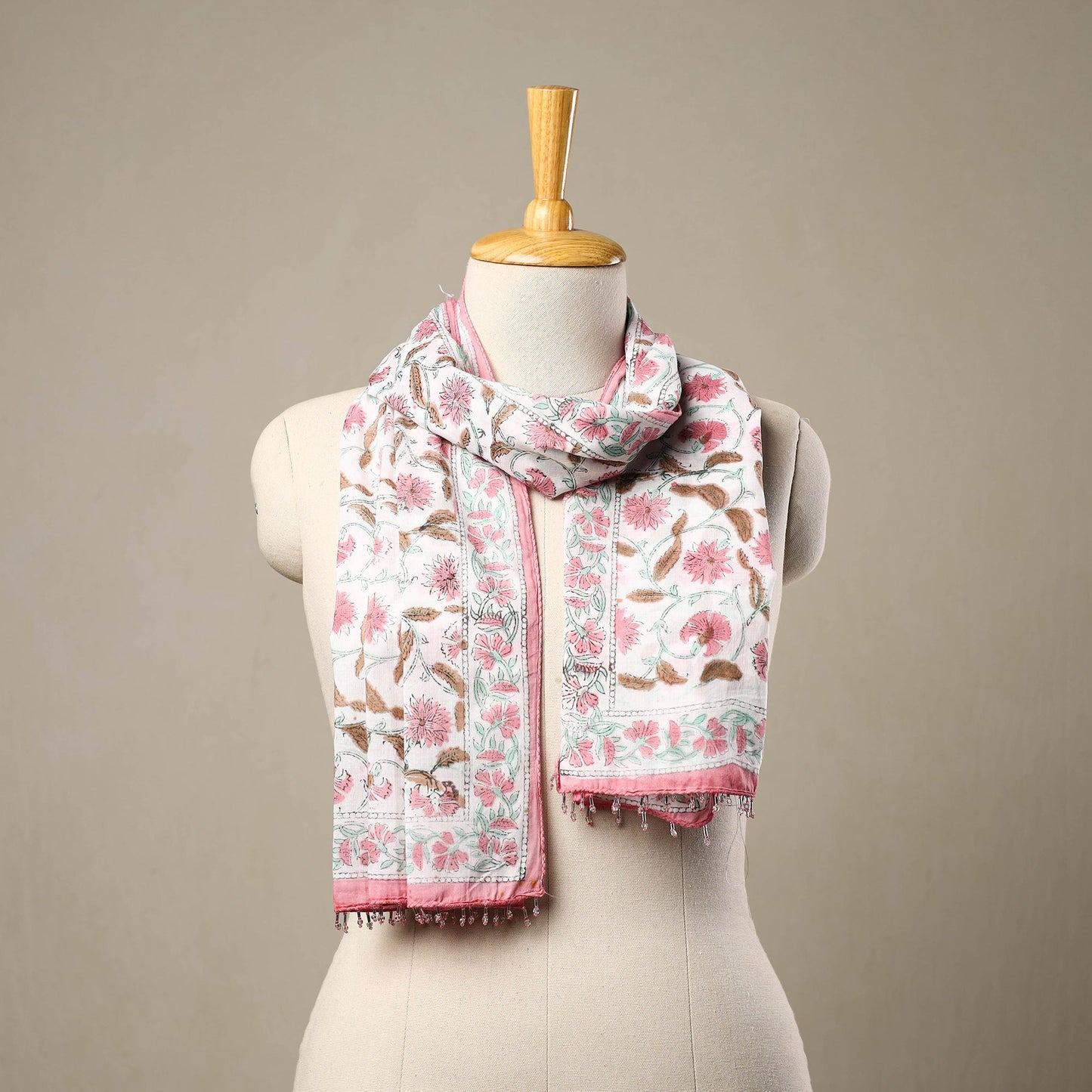 Buy White Block Print Cotton Sanganeri Stole with Beadwork