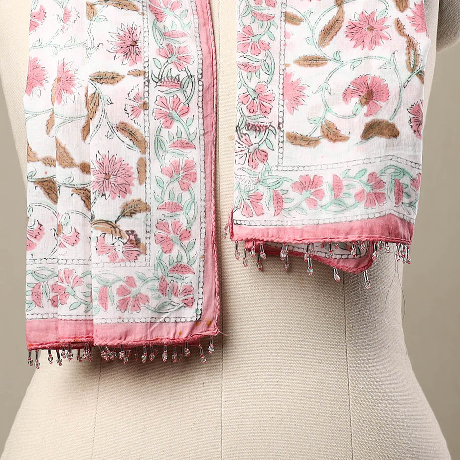 Buy White Block Print Cotton Sanganeri Stole with Beadwork