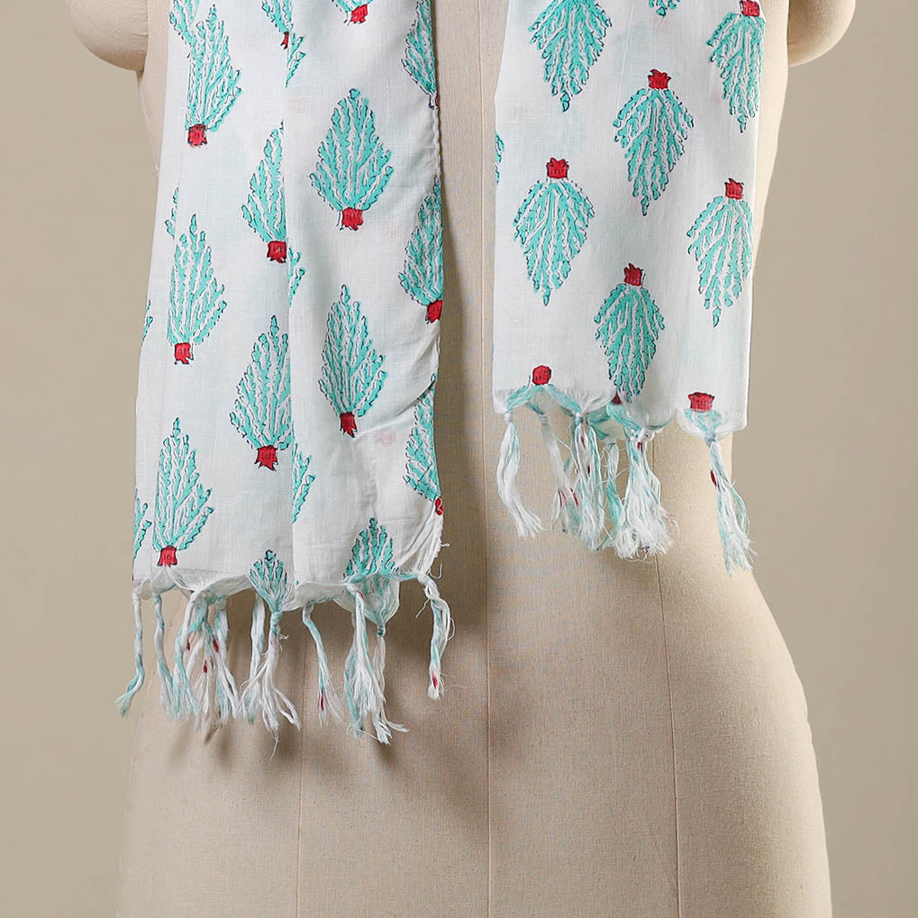 White Block Print Cotton Sanganeri Stole with Tassels