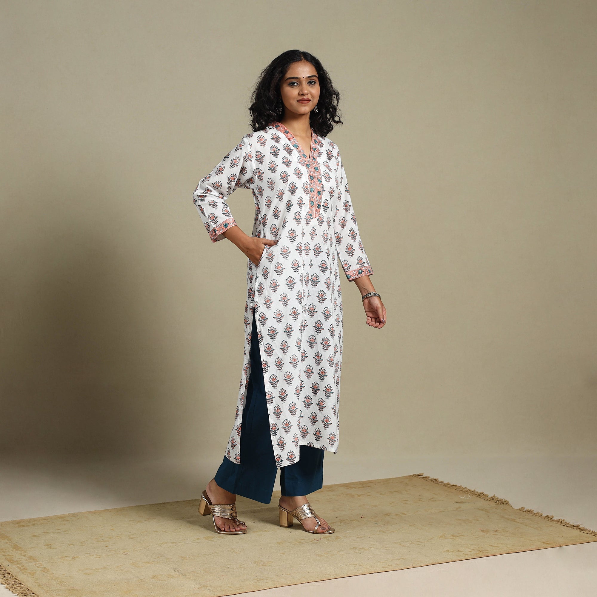 White - Block Print Cotton Straight Sanganeri Long Kurta 11