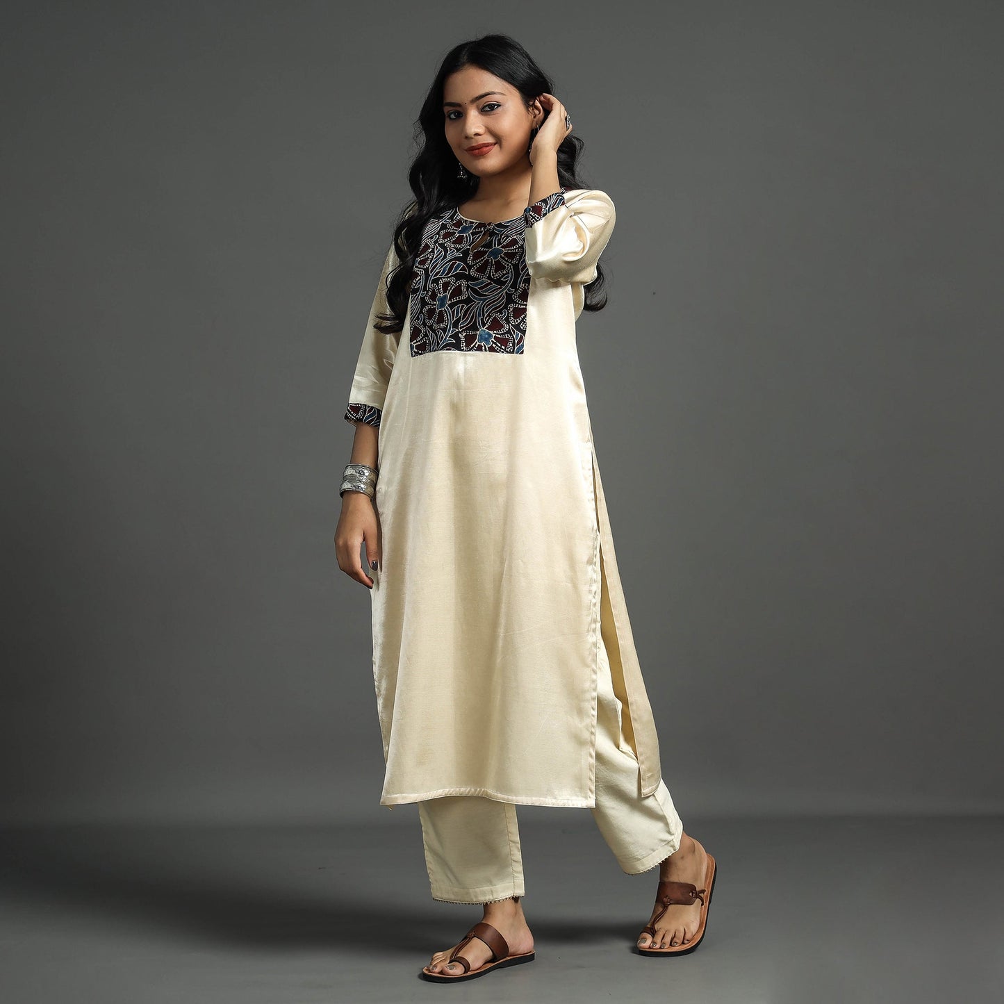 Cream - plain mashru silk with patchwork straight kurta
