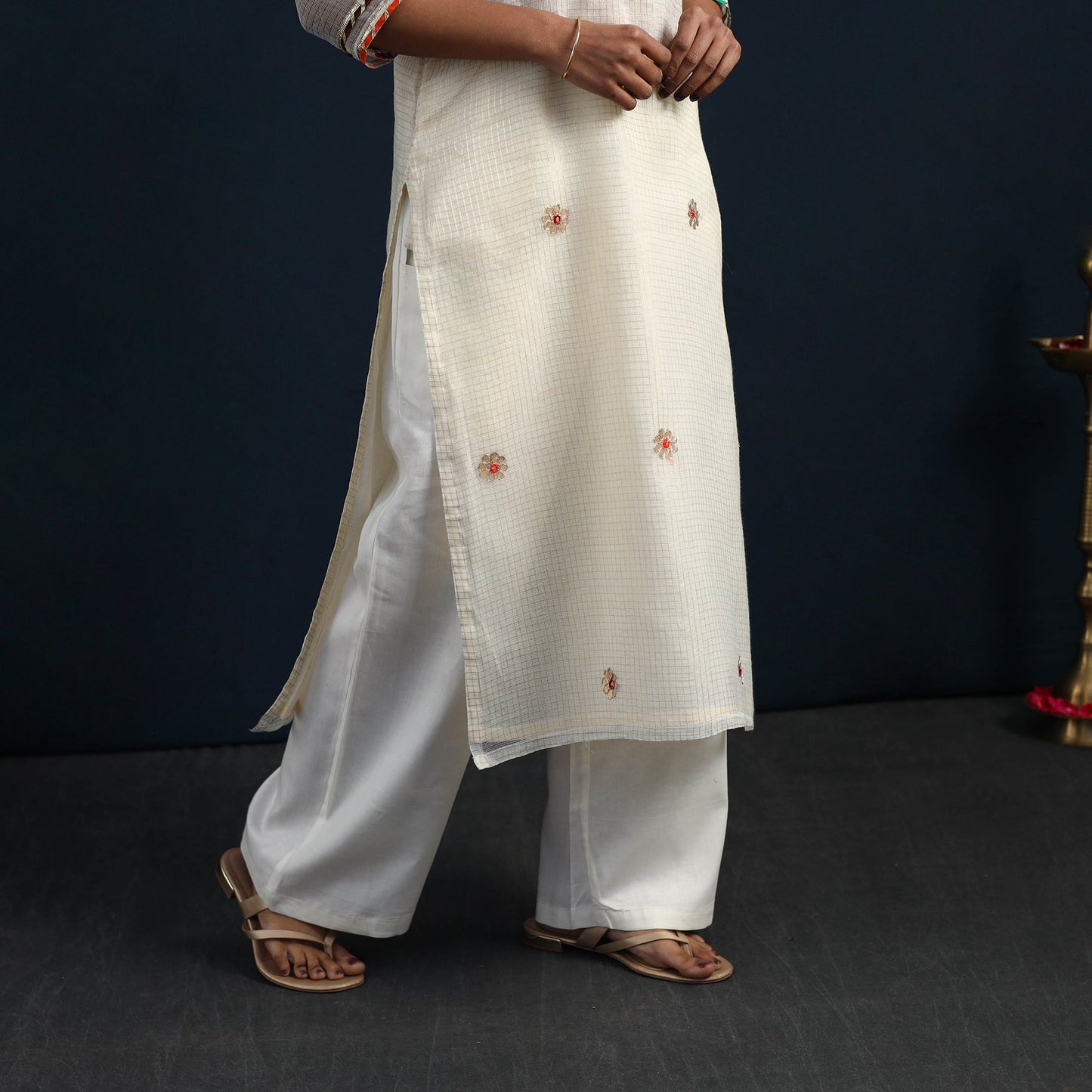 White Elegant Gota Work Silk Kota Doria Kurta Set Online