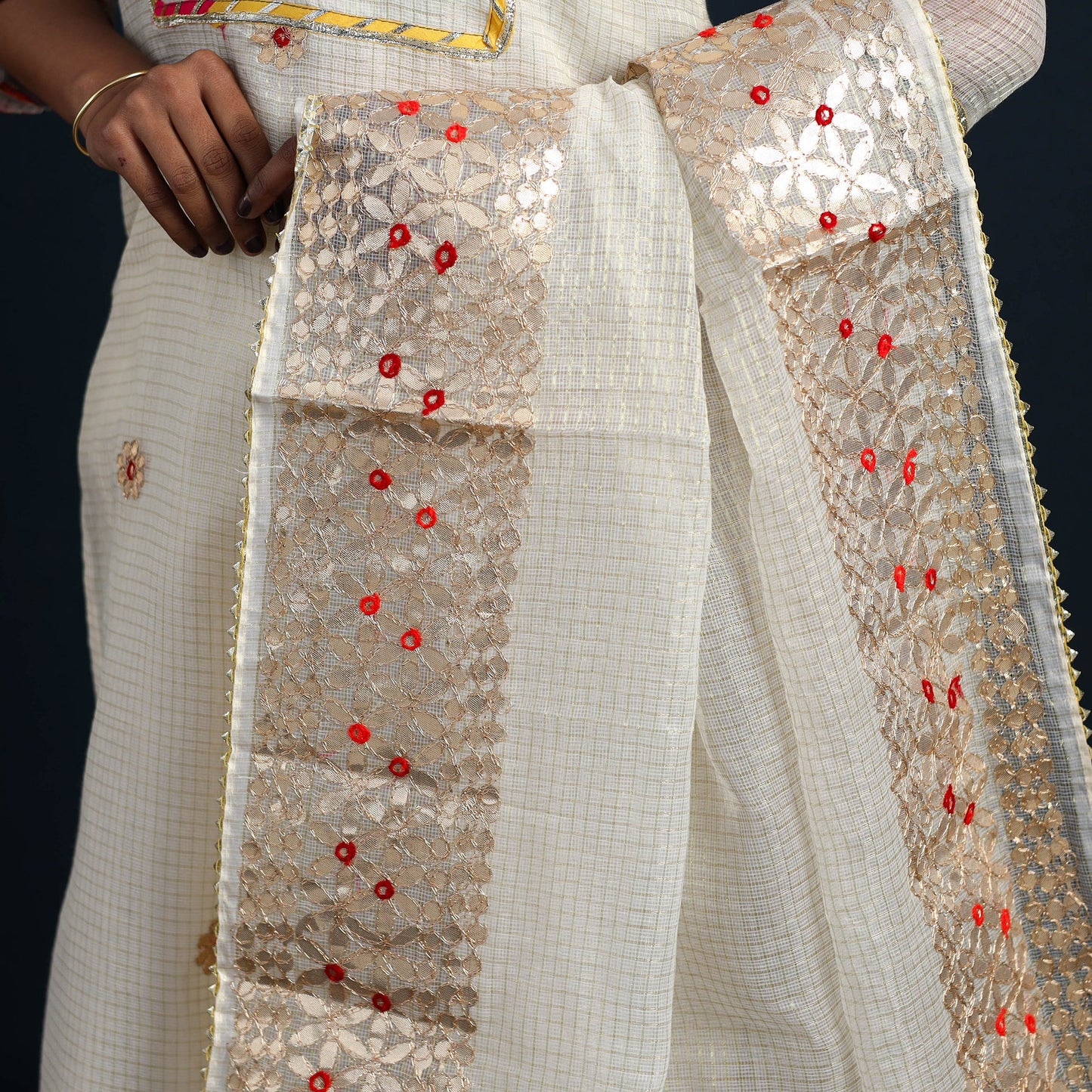 White Elegant Gota Work Silk Kota Doria Kurta Set Online