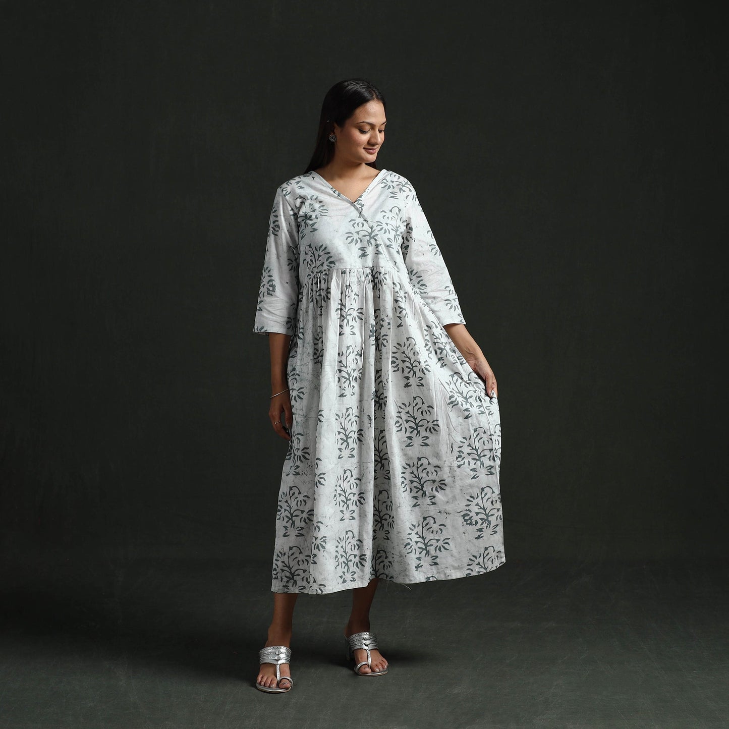 Flared angrakha cotton hand block batik print dress 08