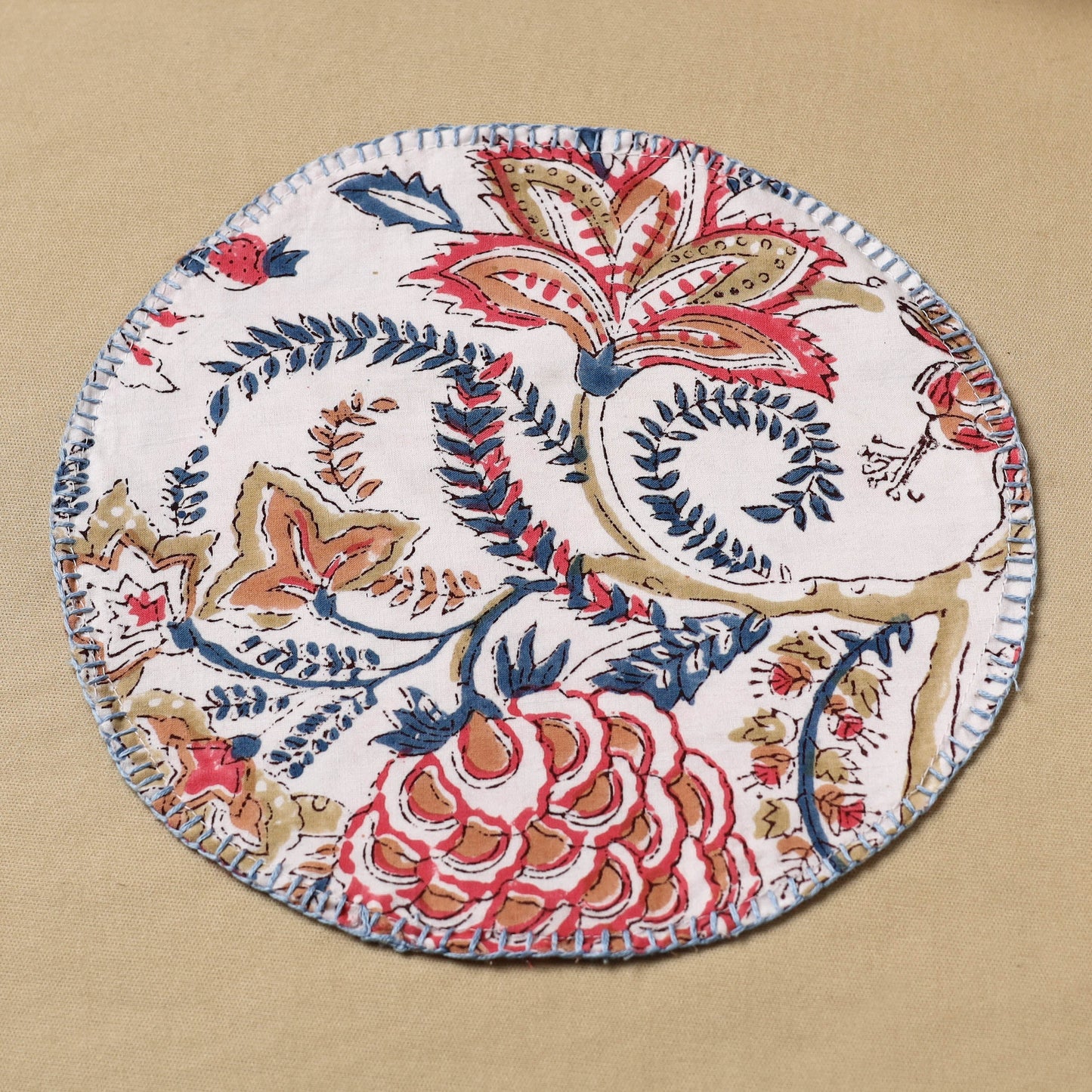 White Floral Block Print Hand Embroidery Roti Napkin 01